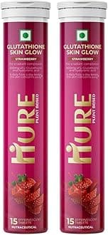 HURE Glutathione Skin Glow 15 effervescent tablets with Vitamin C For Clear And Youthful Skin and Vitamin E strengthens the immune system for men and women| (Strawberry pack of 2)