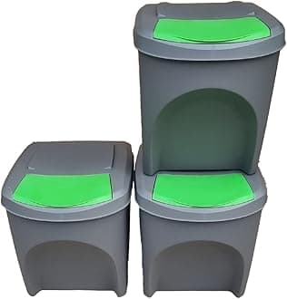 Stolmet Large Stackable Recycling Bins Set of 3x25L (Brand KrysGo) - Customizable Lids with Recycling Stickers - Waste Sorting for Home, Kitchen, Office (Grey + Green)