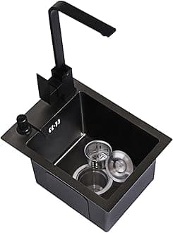 Square Single bowl Kitchen sinks SUS304 Black Stainless steel Small Wet bar sink with Faucets Undermount of Countertop installation（Black sink:12.5x12.5IN）