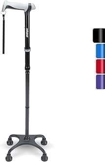 Rehand Quad Cane, Walking Cane with Ergonomic Handle Ever and Graceful 4-Pronged Base for Extra Stability, Adjustable Walking Sticks for Right or Left Handed Men & Women and Seniors