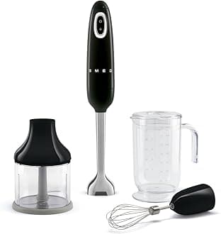 SMEG Handheld Immersion Blender with Beaker, Chopping Bowl w/Lid, Wire Whisk, 5 Speed Controls, made with Stainless Steel Blades and Ergonomic Design (Black)