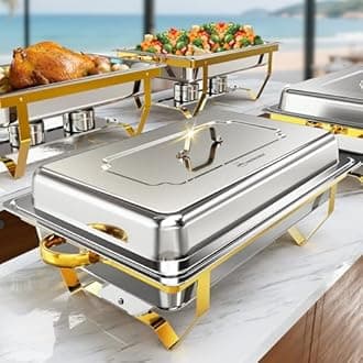 4 Pack Chafing Dishes for Buffet | 9.5QT Stainless Steel Food Warmer with 4 Full Size Pans | Roll-Edge Design | Elegant Gold & Silver Catering Chafer for Parties/Events/Weddings