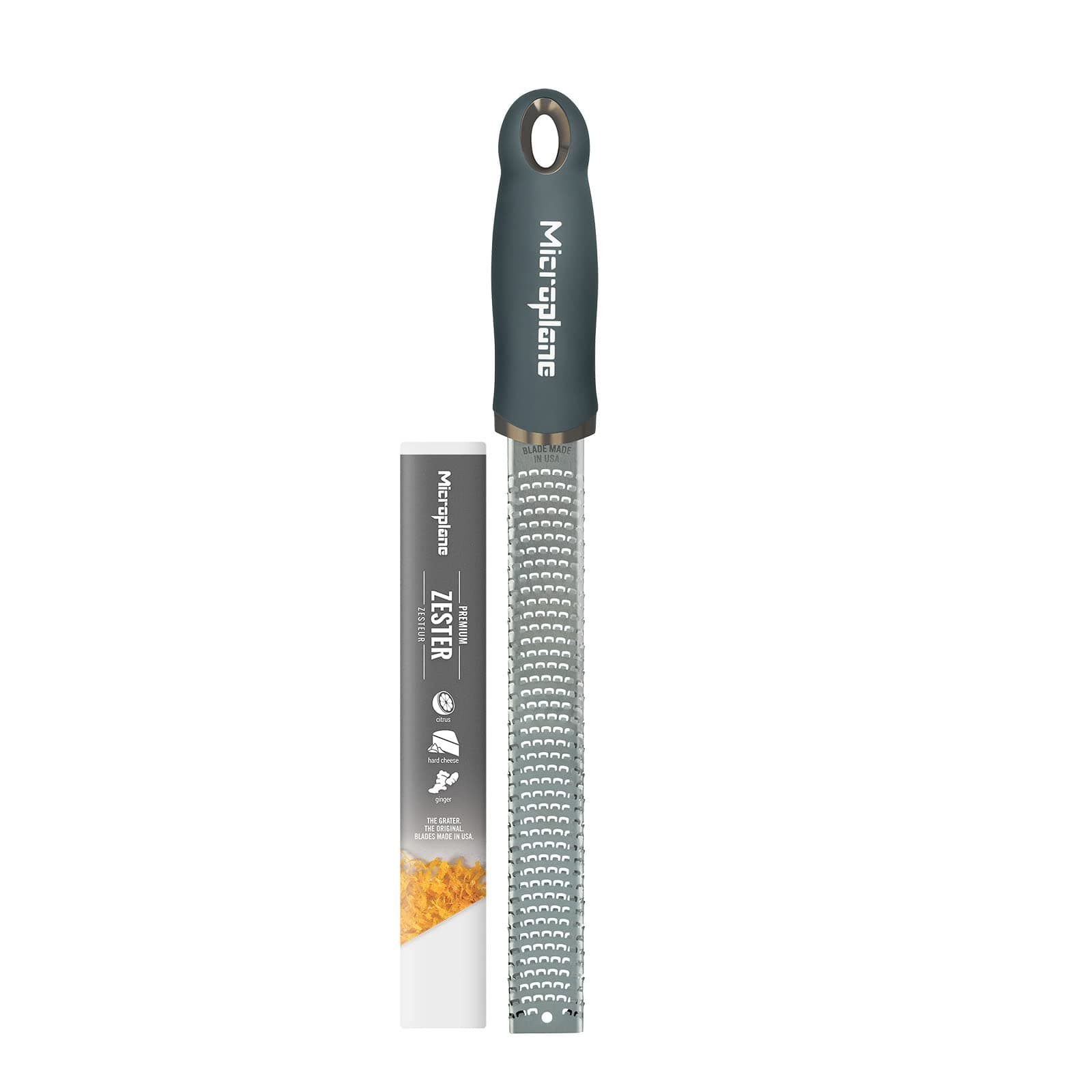 Microplane Zester After Dark Grey Grater for Citrus Fruits, Parmesan, Ginger, Chocolate and Nutmeg with Fine Stainless Steel Blade - Made in the USA