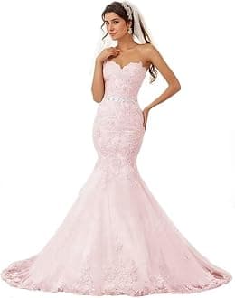 Lace Mermaid Wedding Dress 2026 Strapless Beach Wedding Dresses for Women Bride Applique Tulle Long Boho Bridal Gowns