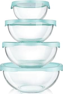 Borosilicate Clear Glass Mixing Bowls with Lids Set of 4 (0.53qt, 1.1qt, 2.1qt, 3.7qt), Space Saving Nesting Bowls Large Kitchen Salad Bowls for Meal Preping,Baking,Mixing,Dishwasher Safe