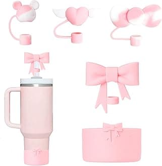 Stanley Tumbler Accessories Set Including 4 Pcs Siliocne Straw Covers Toppers Caps for 10mm/0.4 in Straws,1 Pcs Siliocne Boot for Stanleys Cup 40oz 30oz 20oz- Pink