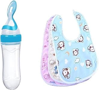 BabyGo Baby Feeding Combo | Waterproof Apron Bibs Set of 3 + BPA-Free Soft Silicone Squeeze Feeder Bottle with Spoon (90ml), Easy-to-Use & Reusable Feeding Set for Babies & Toddlers