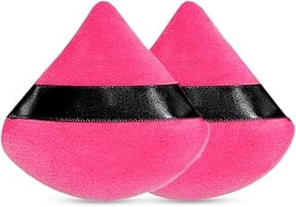 2 Pcs Powder Puff Soft Face Makeup Sponge, Loose powder Foundation Blending Sponges Set, Beauty Blender, Contouring, Wedge Triangle Shape Wet & Dry Tool Washable Reusable (Dark Pink)