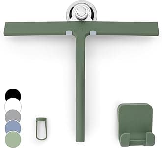 GÜTEWERK Silicone Shower Squeegee for Glass Doors & Mirrors with Stainless Steel Core, Streak-Free & No-Squeak Window Cleaning, 3-in-1 No-Drill Mount (Hook/Suction/Adhesive),Green, 11 Inches