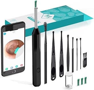 Ear Wax Removal Tool, High Definition Otoscope, Ear Collection Tool, 4 Ear Spoons, Ear Wax Cleaning with 6 LED Lights, Suitable for IOS iPad Android (NE6-FT)