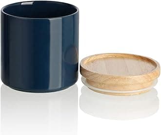 Kitchen Canisters Ceramic Food Storage Jar, Stackable Containers with Airtight Seal Wooden Lid for Serving Ground Coffee, Tea, Sugar, Salt and More - 16 Fl Oz (Navy New)