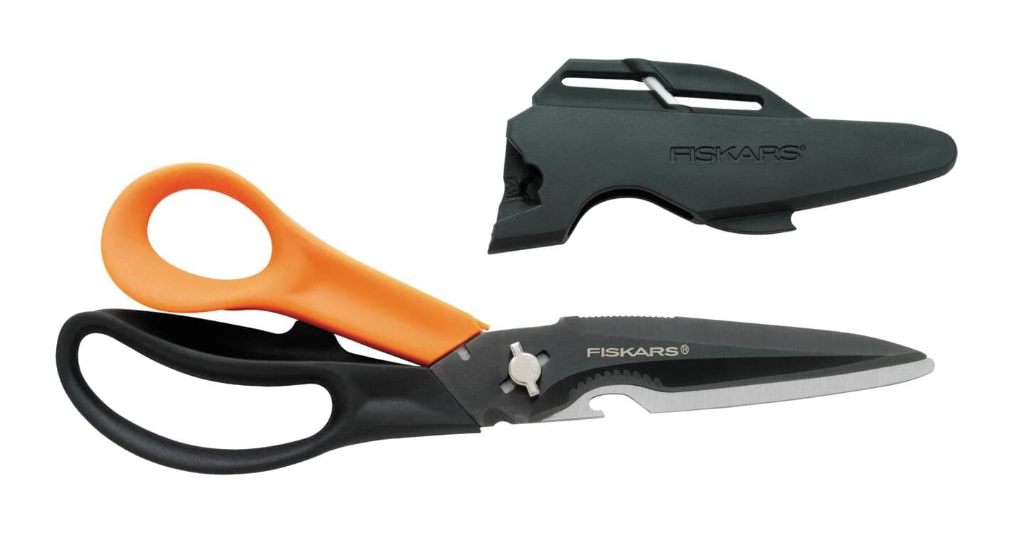 Cuts + More Multi-tool Scissors, Includes Protective Case With Scissor Sharpener, Length: 23 cm, Titanium Coating, Stainless Steel Blade/Plastic Handles, Black/Orange, 1000809