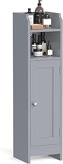 VASAGLE Small Storage Corner Floor Cabinet with Door, 7.9 x 7.1 x 31.5 Inches, Narrow Toilet Paper Storage Holder, Adjustable Shelves, for Bathroom, Living Room, Small Spaces, Dove Gray UBBC310P36