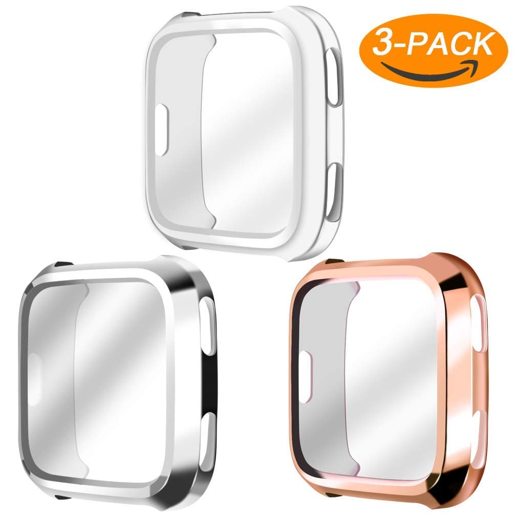 Falandi 3 Packs Screen Protector Case Compatible for Fitbit Versa, Ultra Slim Soft Full Cover Case for Fitbit Versa Face Cover Silver Black Clear (Clear Silver Rose Gold)