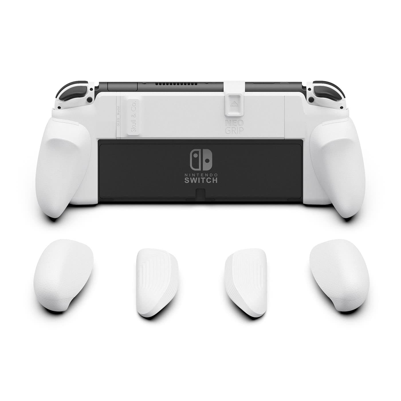 Skull & Co. NeoGrip: An Ergonomic Grip Hard Shell with Replaceable Grips [to fit All Hands Sizes] for Nintendo Switch OLED and Regular Model [No Carrying Case] - White