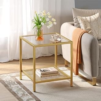 SAYGOER Glass Side Table Small Gold End Table for Small Spaces 2-Tier Square Night Stand with Storage Modern Bed Side Table with Gold Frame for Bedroom Living Room, Easy Assembly