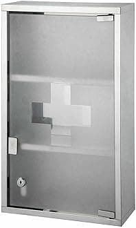 New Stainless Steel Wall Mounted Lockable Medicine Cabinet First Aid Box With Shelves & Frosted Glass Door Available in 2 Sizes (3 Tier Wall Mounted Medicine Box)