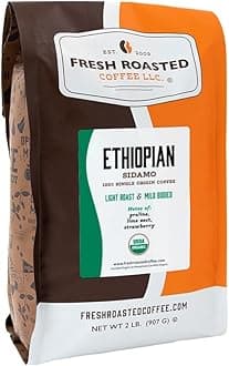 Fresh Roasted Coffee, Organic Ethiopian Sidamo | USDA Organic, 100% Single Origin, Kosher | Light Roast 2 lb (32 oz) Whole Bean