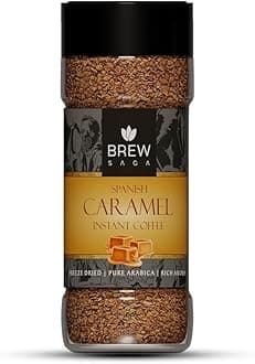 BREWSAGA Spanish Caramel Instant Coffee | 100% Arabica | Freeze-Dried | Flavoured Coffee | No Added Sugar | Flavored Coffee Powder for Both Hot & Cold Coffee | Makes 30 Cups | 50 grams