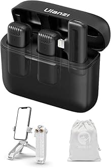 ULANZ I J12 Wireless Microphone for iPhone iPad | 2-in-1 Plug & Play | Charging Case | 7h Battery | For Real Estate Interview YouTube Vlogging | 20m Range | 1-Yr Warranty | Tripod + Pouch + iOS Black