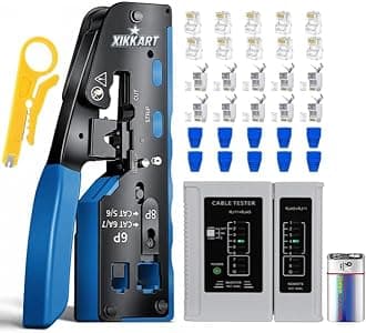 RJ45 Crimping Tool Kit, Passthrough Cat7 Cat6A Cat6 Cat5E Cat5 RJ45 Ethernet Crimp Tool with 10PCS Cat7 Pass Through Connectors 10PCS Cat6 Pass Through Connectors 10PCS Covers 1 Network Tester