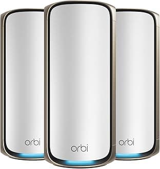 - NETGEAR Orbi 970 Series Quad-Band WiFi 7 Mesh Network System (RBE973S), Router + 2 Satellite Extenders, Security Features, Up to 27Gbps, Covers Up to 10,000 sq. ft., 200 Devices, 10 Gig Internet Port