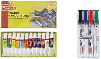 Camel Camlin Kokuyo Student Water Color Tube - 5Ml Each, 12 Shades & Camlin Kokuyo Pb White Board Bold Point Type Marker - Pack of 4 Assorted Colors (Black, Blue, Red, Green)