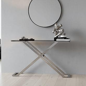 VANITY LIVING 120cm Console Table for Living Room Furniture, Slim Hallway Table with Silver Stainless Steel Base and Smoked Glass Top, Narrow Entryway Table