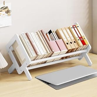 Wood Tilting Bookcase in Living Room/Home/Office, Desktop Book Shelf Organizer Bookshelves Storage Rack for CDs/Magazine/Books Display (White, 19.68"-L)