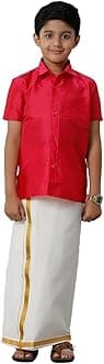 RAMRAJ COTTON Boys Silk Cotton Shirt With Adjustable Cream Dhoti Perfect For Ceremonies| Festivals| And Special Occasions