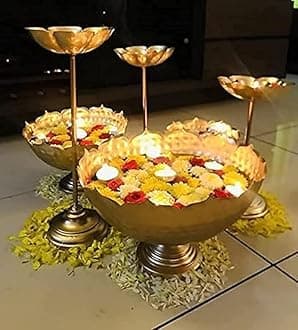 Taj Bowl Hammered Urli, Candle Stand With Floating Diya | 9 Pieces Combo | Home and Festival Decor Show Piece for Floating Flowers