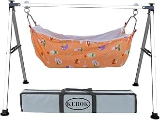 KEROK Born Baby Swing Cradle Jhula for Babies Boy and Girl/Foldable & Portable Palna for Baby/Indian Style Hammock with Mosquito Net/Stainless Steel Body (Squre Swing Cradle)