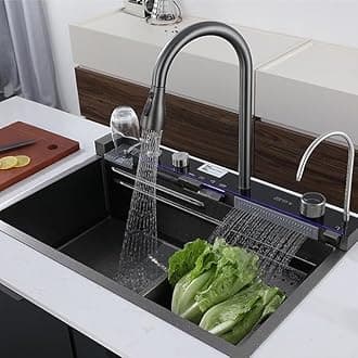 ARQUIN Piano Sink 30"x18"x9" Waterfall Kitchen Sink with Integrated Waterfall & Pull Down Faucet | 304 Grade Stainless Steel Kitchen Sink for Basin LED Pannel & Digital Display