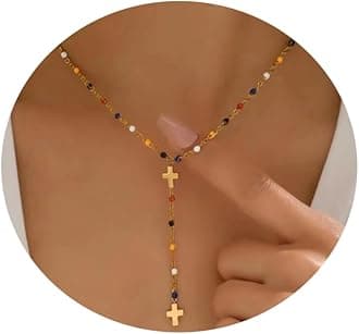 Dainty Cross Drop Y-Shaped Lariat Necklace for Women 18K Gold Plated Simple Rosary Colorful Beads Chain Necklace Minimalist Trendy Jewelry
