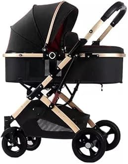 Baby Stroller with Canopy, Baby Bassinet Stroller, Infant Stroller with Reversible Seat with Rubber Wheel and Good Shock absorption (Black)