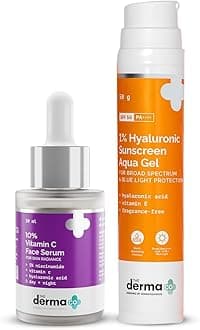 The Derma Co Glow&Protect Combo|1% Hyaluronic Sunscreen Aqua Gel SPF 50 PA++++ (50g)+10% Vitamin C Face Serum with Niacinamide&Hyaluronic Acid (30ml)|Brightens, Protects & Hydrates|For All Skin Types