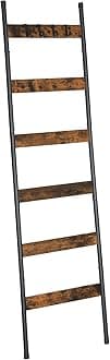 HOOBRO Blanket Ladder, 6-Tier Towel Rack with Hooks, Wall-Leaning Blanket Rack, Decorative Display Ladder Shelf, Scarves, Industrial, Living Room, Bedroom, Rustic Brown and Black BF66CJ01