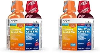 Amazon Basic Care Daytime and Nighttime Cold and Flu Relief Syrup Combo Pack, Powerful Liquid Flu and Cold Medicine for Day and Night, Gluten Free, Original & Cherry, 12 fl oz (Pack of 4)