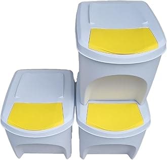 Stolmet Large Stackable Recycling Bins Set of 3x25L (Brand KrysGo) - Customizable Lids with Recycling Stickers - Waste Sorting for Home, Kitchen, Office (White + Yellow)
