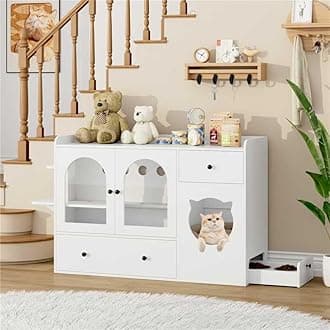 FACBOTALL 55.1" Cat Litter Box Enclosure, Furniture Hidden With Scratcher, Storage Cabinet With Bowls, Wooden Pet Crate House With Storage Spaces, Indoor House Furniture