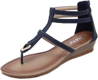 Women's Roman T-strap Low Wedge Sandals Gladiator Strappy Summer Beach Back Zipper Flip Flops Shoes