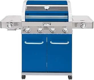Monument Grills Larger 4+2 Burner Propane Gas Grills Stainless Steel Cabinet Style with Clearview® Lid, Knob Controls, Built-In Thermometer, Infrared Side Sear Burners & Side Burners, Blue