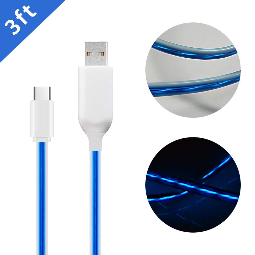3ft Flat USB Type C Data Cable LED Light up Flowing Charging Cords for All USB C Smartphones Tablets Laptops - Blue Light
