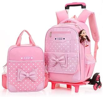 MITOWERMIRolling Backpack for Girls Trolley School Bags Cute Bowknot Girls Backpack with Wheels Carry-on Travel Luggage with Handbag Toddler Elementary Princess Bookbags