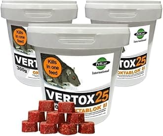 Rat Mouse Mice Killer Single Feed Brodifacoum Poison Bait Fast Acting Blocks All Weather Cost Effective Rodent Control VERTOX 25 OKTABLOK II 300g Tub (Pack of 3)