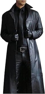 GenericMen's Trench Coat, Solid Color Pu Leather Full Length Windbreaker Gothic Faux Leather Steampunk Overcoat Casual Outwear Lapel Windproof Motorcycle Button Up Long Trench Coat for Winter