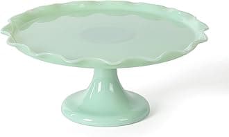 Martha Stewart Highbrook 11" Jadeite Glass Cake Stand – Handmade Vintage-Style Dessert Stand with Ruffle Trim, Decorative Pedestal Cake Plate for Display & Serving