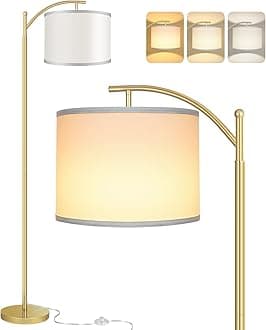 ROTTOGOON Floor Lamp for Living Room, LED Standing Lamp with White Lamp Shades Tall Industrial Floor Lamp Reading for Bedroom, Office, Study Room, 9W LED Bulb Included -Gold