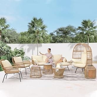 BULEXYARD 9 Piece Boho Patio Furniture Sets with Propane Fire Pit Table, Small Outdoor Bistro Chairs Sectional Sofa Conversation Set w/Gas Firepit, Egg Chair, Ice Bucket for Backyard