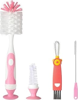 Ariseno 4-in-1 Baby Bottle Brush Set, Including Nylon Bottle Brush, Cap, Straw, Nipple Brushes, BPA-Free (Pink)